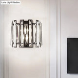 Modernist Clear Crystal Drum Wall Sconce - 2 Lights Black Finish Ideal For Corridors