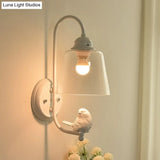 Modernist Clear Glass Cone Wall Lamp - 1 Light White/Black Flush Mount Sconce With White Bird