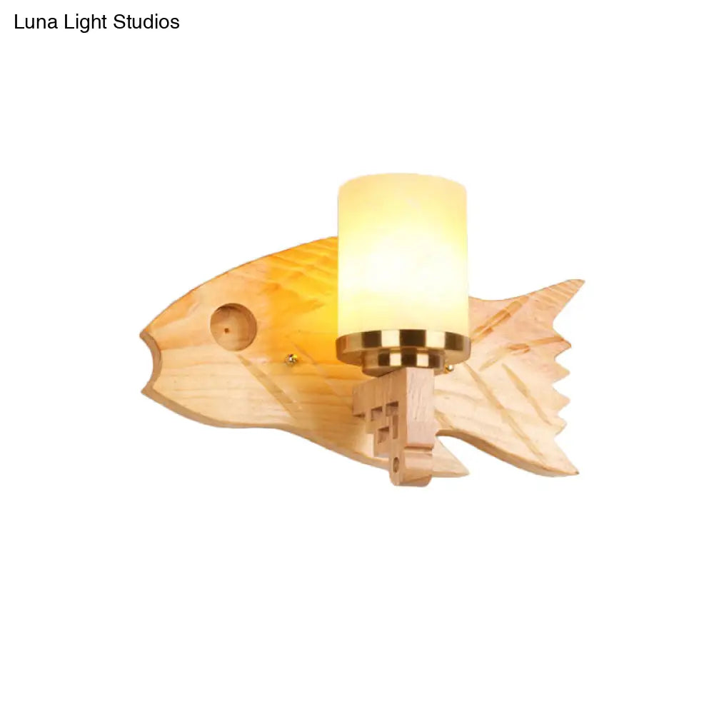 Modernist Cracked Glass Cylinder Wall Mount Sconce Lamp - 1 Light Bedroom Lighting With Fish Wood