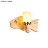 Modernist Cracked Glass Cylinder Wall Mount Sconce Lamp - 1 Light Bedroom Lighting With Fish Wood