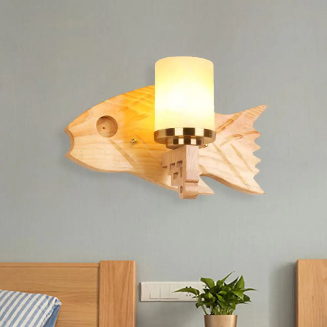 Modernist Cracked Glass Cylinder Wall Mount Sconce Lamp - 1 Light Bedroom Lighting With Fish Wood