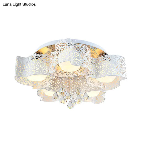 Modernist Crystal Ceiling Lamp With Etched Flower Design 3/5 Lights Opal Glass Ball Shade
