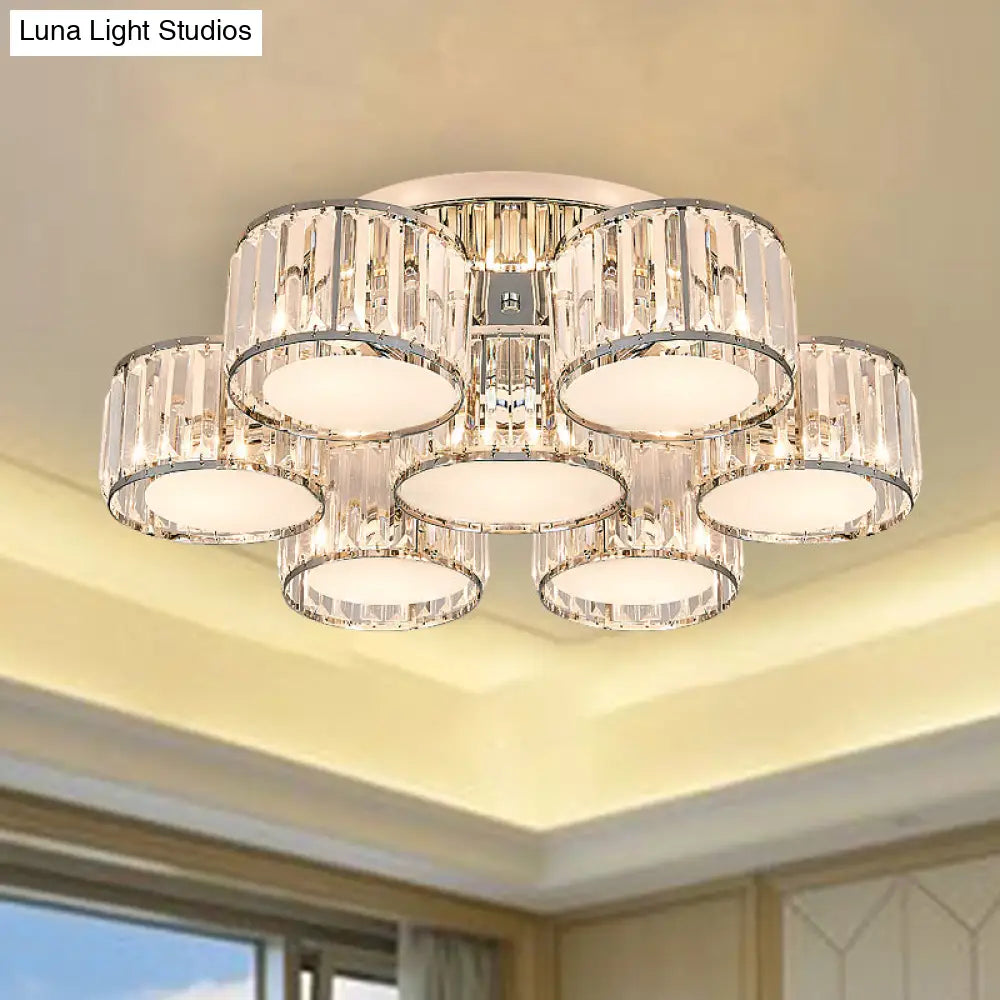 Modernist Crystal Drum Flush Mount Ceiling Lamp In Chrome Finish