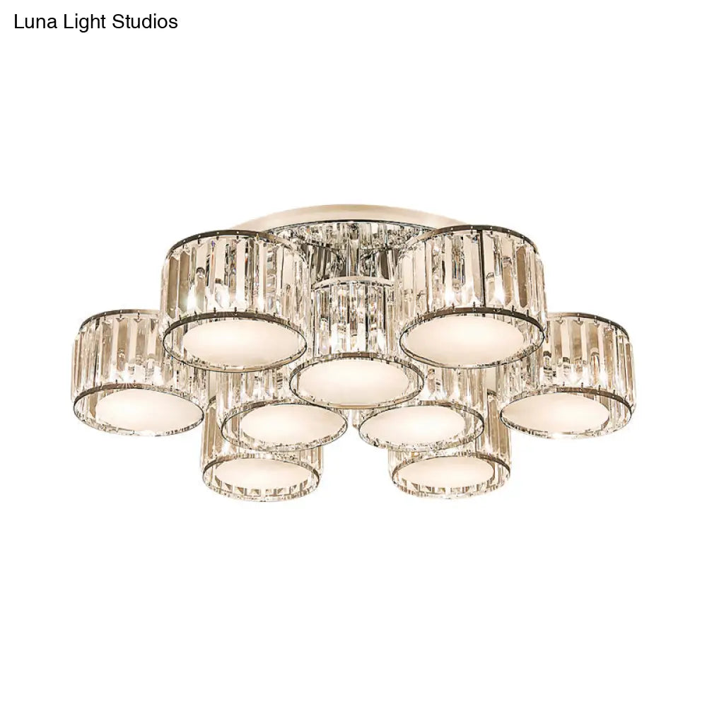 Modernist Crystal Drum Flush Mount Ceiling Lamp In Chrome Finish