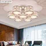 Modernist Crystal Drum Flush Mount Ceiling Lamp In Chrome Finish