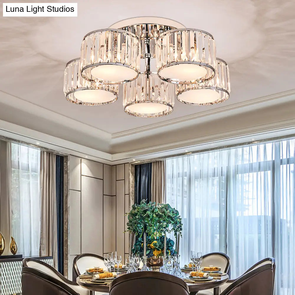 Modernist Crystal Drum Flush Mount Ceiling Lamp In Chrome Finish