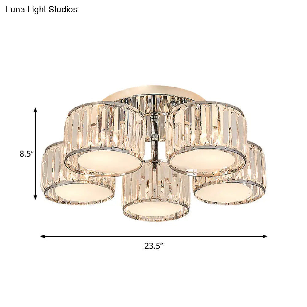 Modernist Crystal Drum Flush Mount Ceiling Lamp In Chrome Finish