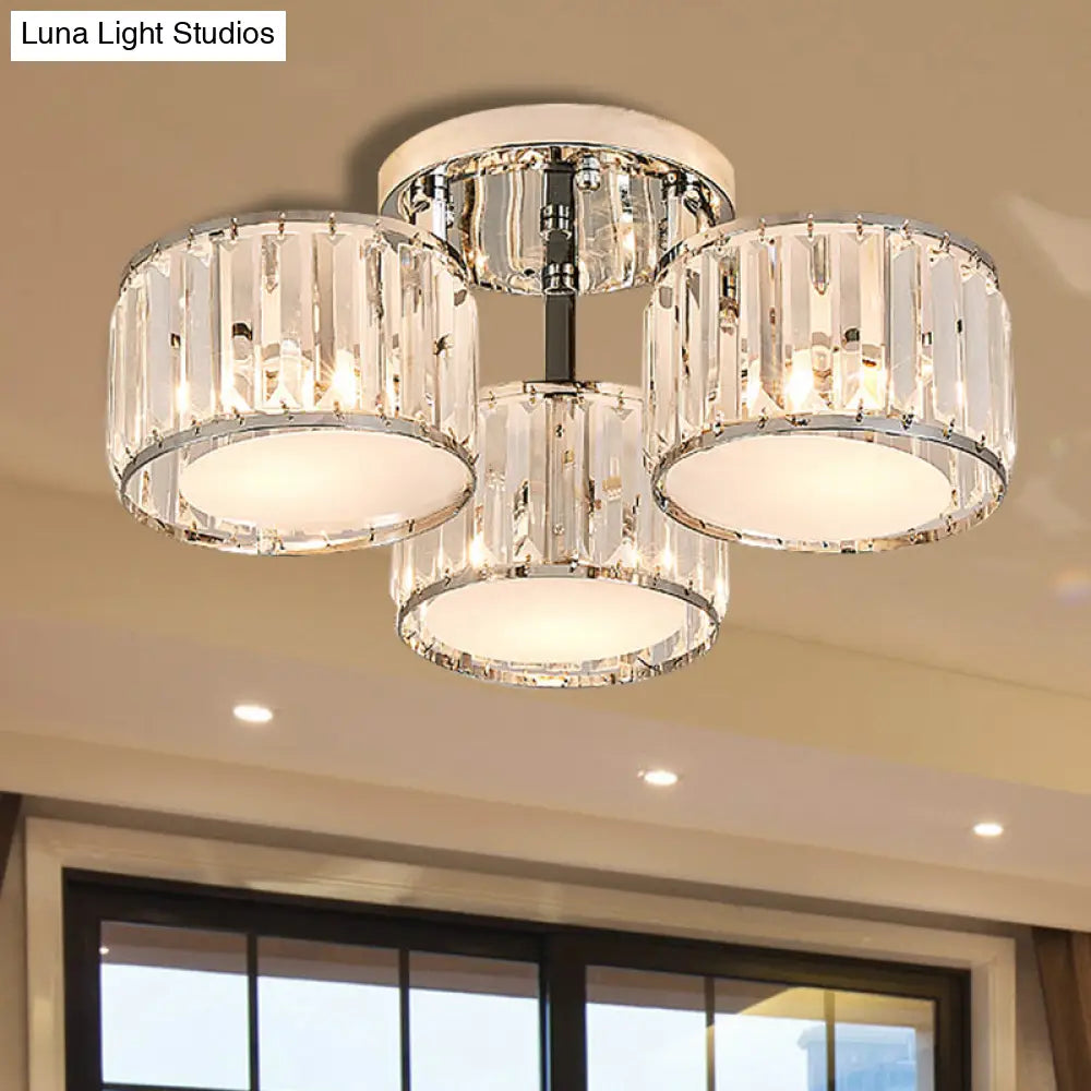 Modernist Crystal Drum Flush Mount Ceiling Lamp In Chrome Finish