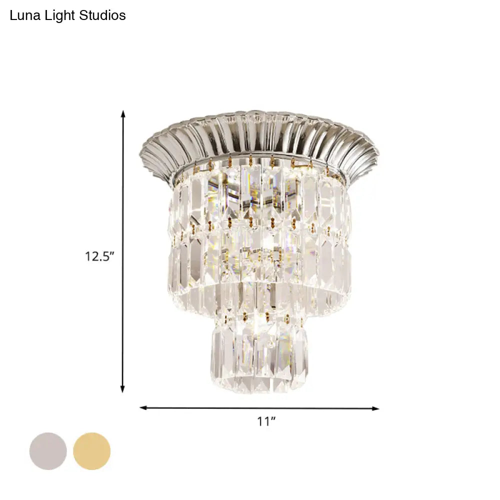 Modernist Crystal Dual Shade Led Flushmount Lamp - Chrome/Gold Cylindrical Ceiling Fixture