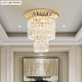 Modernist Crystal Dual Shade Led Flushmount Lamp - Chrome/Gold Cylindrical Ceiling Fixture