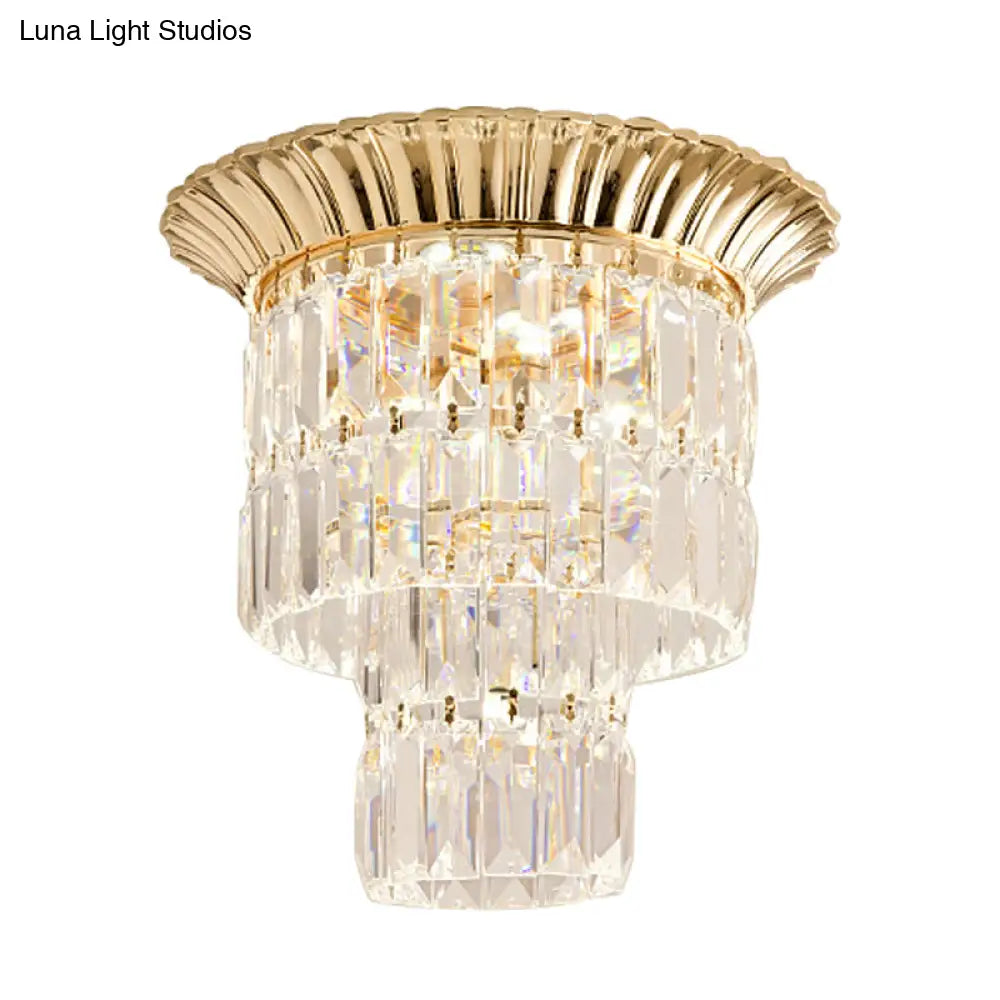 Modernist Crystal Dual Shade Led Flushmount Lamp - Chrome/Gold Cylindrical Ceiling Fixture