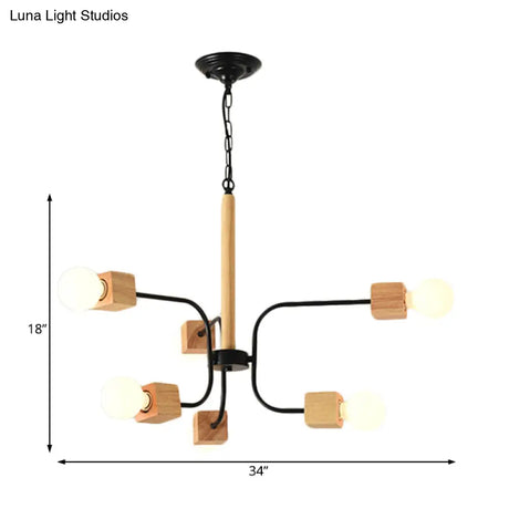 Modernist Curved Arm Pendant Chandelier: White/Black Multi-Light Wood Hanging Lamp With Chain