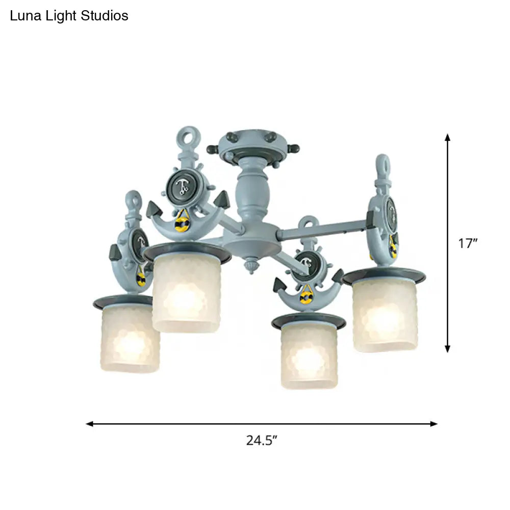Modernist Cylinder Ceiling Light Fixture With Frosted Dimpled Glass - 4 Bulbs Blue Anchor Design