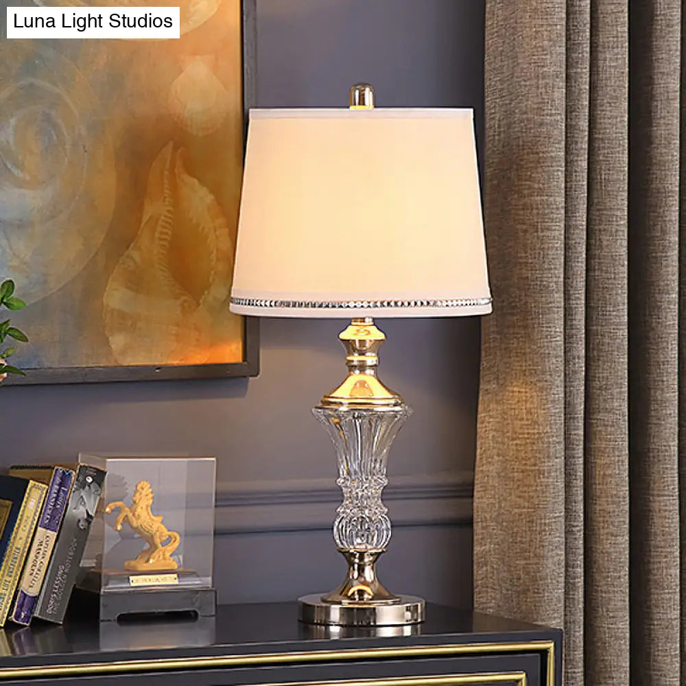 Modernist Drum Fabric Table Light - White Small Desk Lamp With Metallic Base