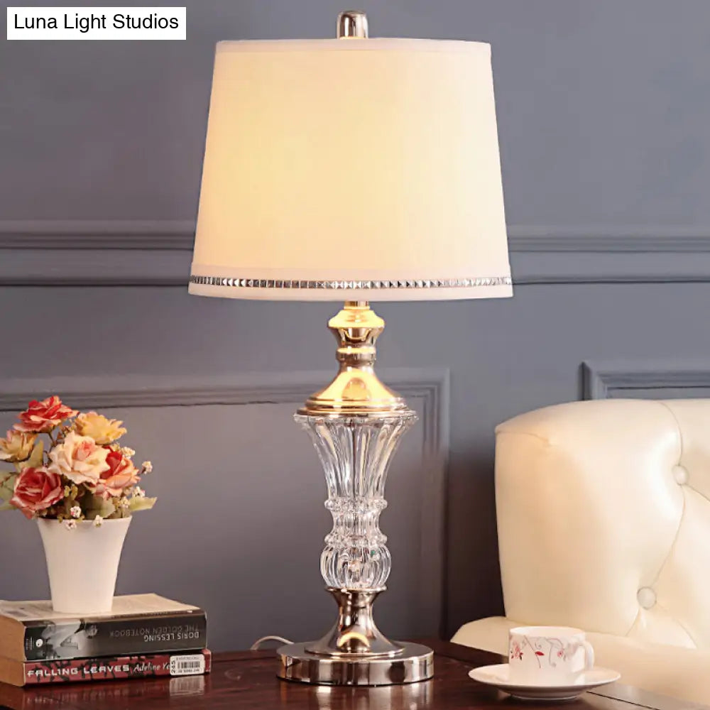 Modernist Drum Fabric Table Light - White Small Desk Lamp With Metallic Base