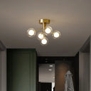 Modernist Dual Glass Molecular Semi-Flush Light With 5 Lights - Ideal For Corridors Brass
