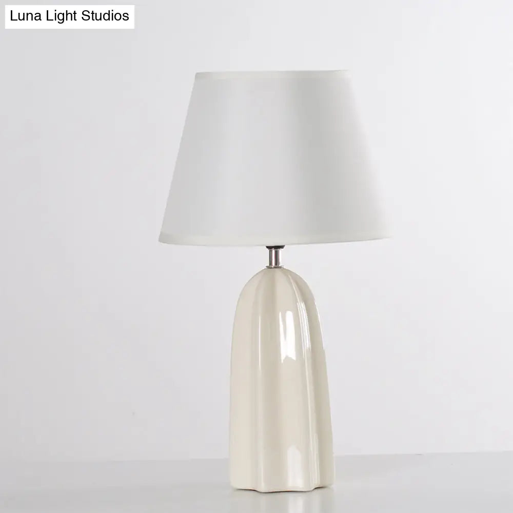 Modernist Fabric Barrel Table Lamp With Prism Ceramics Base - White/Brown Night Light 1 Bulb