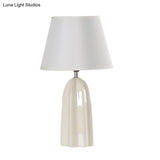 Modernist Fabric Barrel Table Lamp With Prism Ceramics Base - White/Brown Night Light 1 Bulb