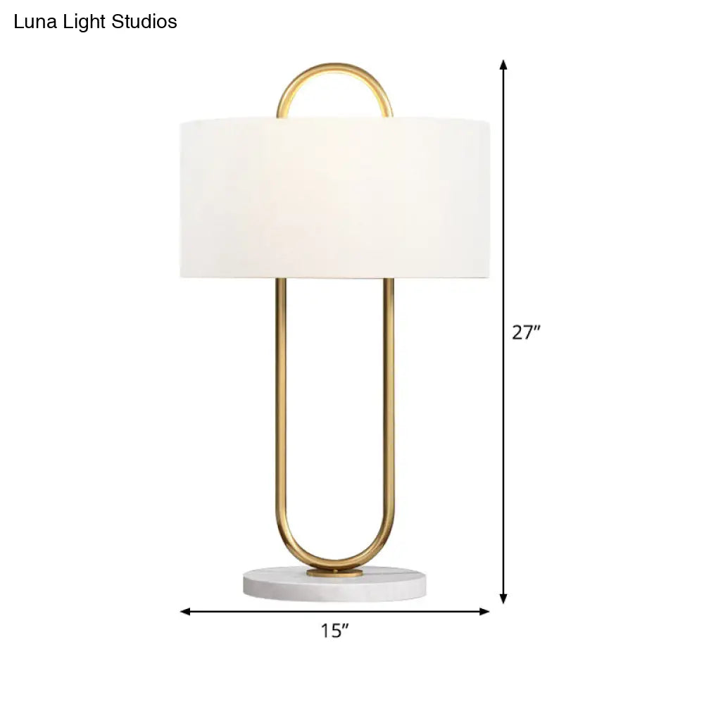 Modernist Fabric Table Lamp With Marble Base - Drum Task Lighting 1 Head 13/15 Wide White
