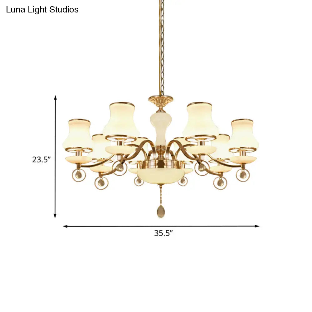 Modernist Flared Crystal Chandelier With White Glass 8 Heads - Champagne Ceiling Suspension Lamp