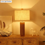Modernist Flaxen Task Lamp With Fabric Shade - 1 Bulb Rectangular Nightstand Light
