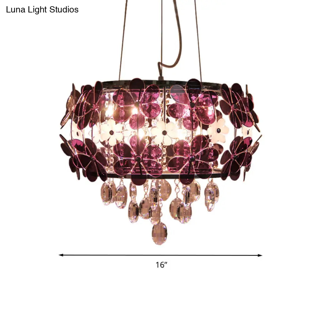 Modernist Floral Acrylic Flushmount Ceiling Light With Crystal Drop - 5 Heads White/Purple
