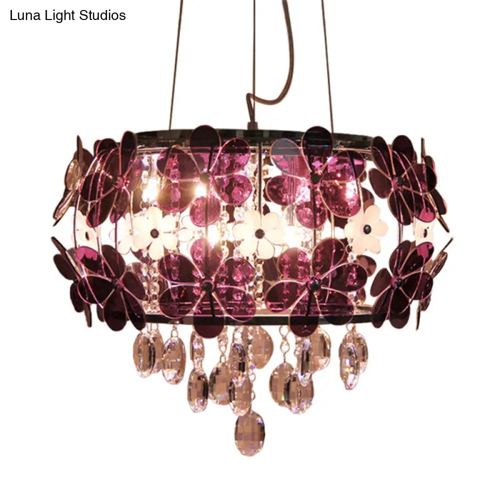 Modernist Floral Acrylic Flushmount Ceiling Light With Crystal Drop - 5 Heads White/Purple