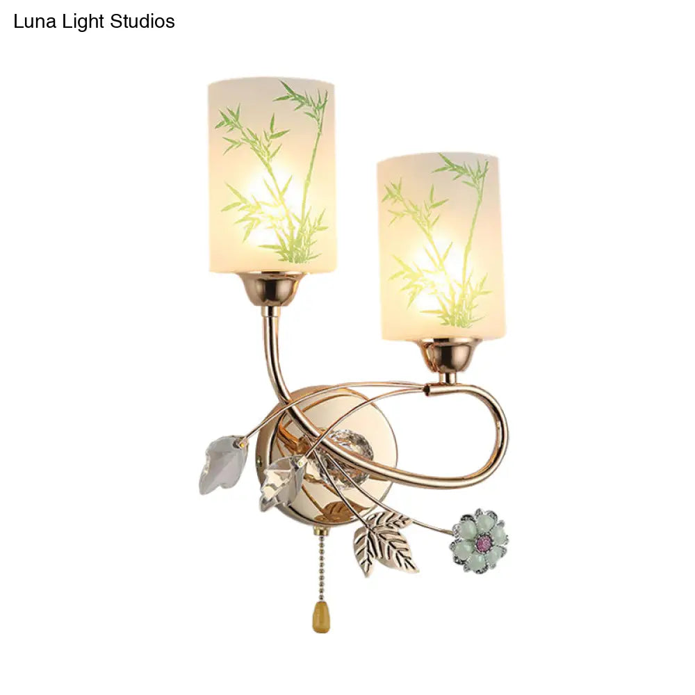 Modernist Glass Cylinder Sconce With 2 Lights And Gold Pull Chain - Wall Mounted Lamp