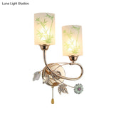 Modernist Glass Cylinder Sconce With 2 Lights And Gold Pull Chain - Wall Mounted Lamp