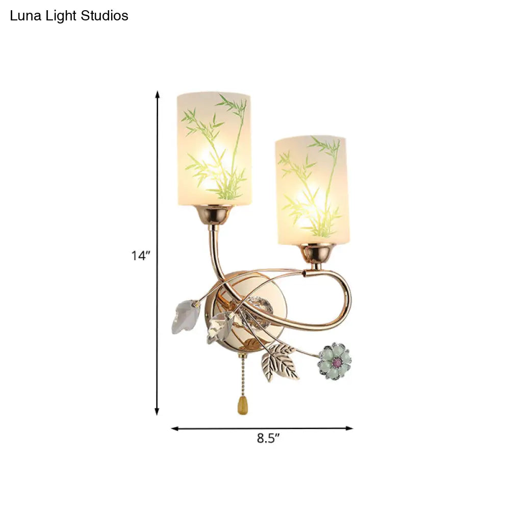 Modernist Glass Cylinder Sconce With 2 Lights And Gold Pull Chain - Wall Mounted Lamp