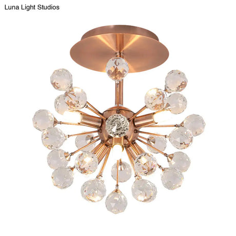 Modernist Globe Semi-Flush Mount Crystal Ceiling Light Fixture With Brass Finish - 6 Bulbs