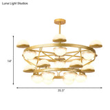 Modernist Gold 24-Bulb Semi-Circle Chandelier For Living Room Ceiling - Cream Glass Pendant Light