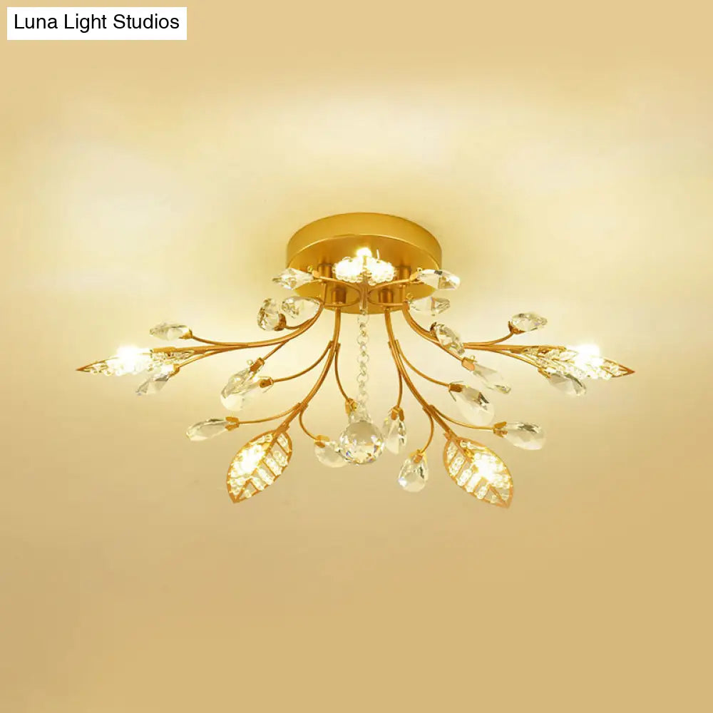 Modernist Gold Branch Ceiling Fixture With Faceted Crystal Semi Flush Mount Lighting - 5 Or 8 Bulbs