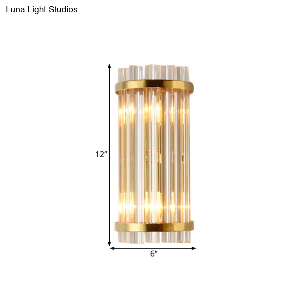 Modernist Gold Cylinder Wall Lamp With Crystal Rod Shade - 2 Lights Mount Lighting