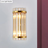 Modernist Gold Cylinder Wall Lamp With Crystal Rod Shade - 2 Lights Mount Lighting