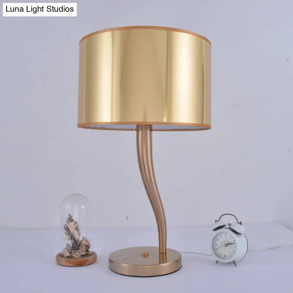 Modernist Gold Drum Nightstand Lamp - 1-Light Fabric Table Light For Living Room