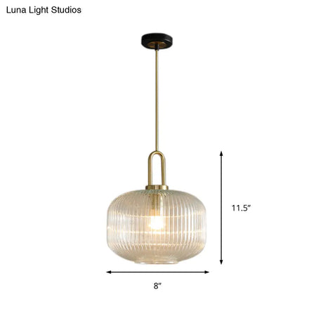 Modernist Gold Glass Pendant Light - Clear Ribbed Cylindrical/Drum/Globe Design 1 6’/8’/12’