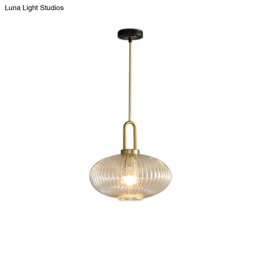 Modernist Gold Glass Pendant Light - Clear Ribbed Cylindrical/Drum/Globe Design 1 6’/8’/12’