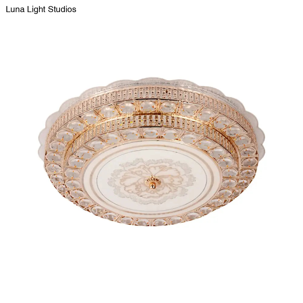 Modernist Gold Led Flush Mount Ceiling Fixture With Beveled Crystal & Flower Pattern