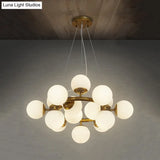 Modernist Gold Sphere Chandelier - 15-Light White Glass Pendant Light