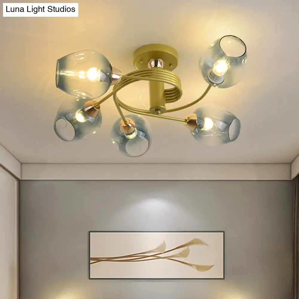 Modernist Gold Twisted Arm Flush Mount Lamp With Blue Dimpled Glass Shade - Set Of 5