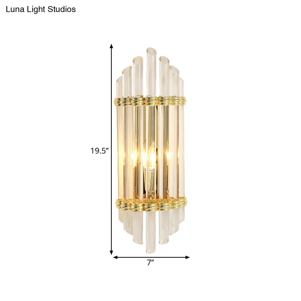 Modernist Gold Wall Sconce Lamp With Arced Crystal Tubes - 2-Light Mount Fixture
