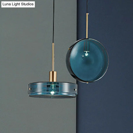 Modernist Green Glass Circular Suspension Pendant Light For Living Room - 1 Hanging Lamp