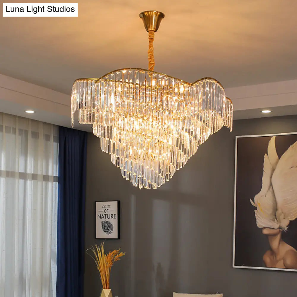 Modernist Led Crystal Block Brass Chandelier: 5-Head Spiral Ceiling Suspension Lamp