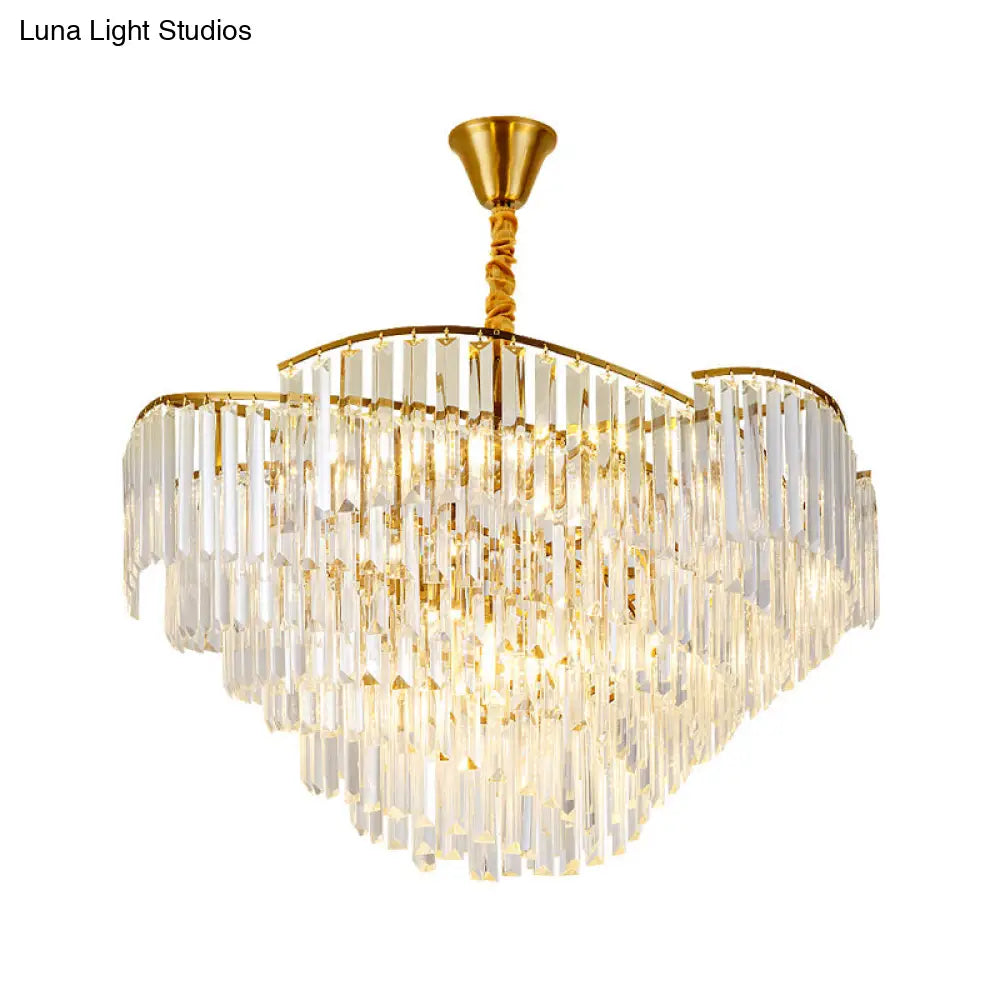 Modernist Led Crystal Block Brass Chandelier: 5-Head Spiral Ceiling Suspension Lamp