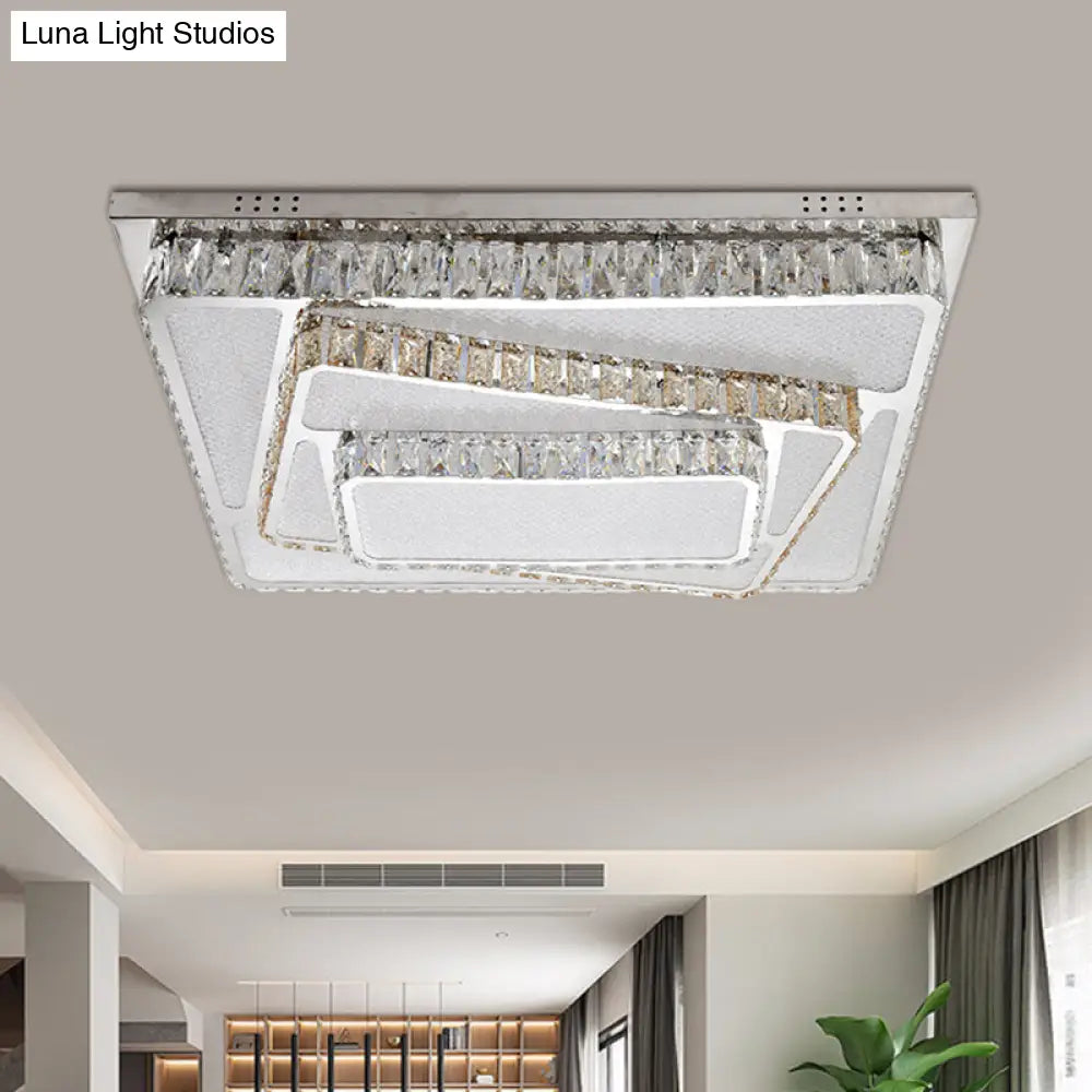 Modernist Led Crystal Block Rectangle Flush Ceiling Mount Lamp In Chrome