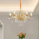 Modernist Metal Candle Chandelier - 6 Bulbs Brass Suspension Lamp With Crystal Strands