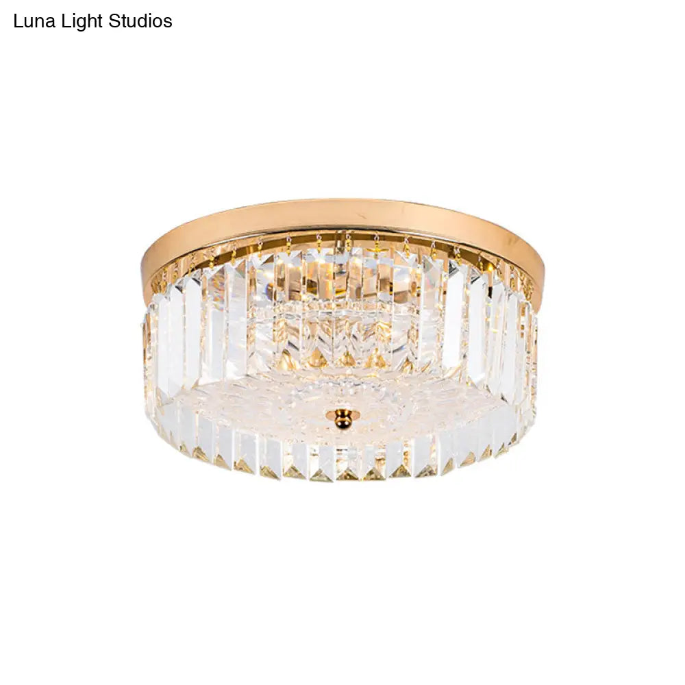 Modernist Metal Flush Mount Lamp With Led Drum Shade And Crystal Prism In Gold Finish - 14’/18’ Wide