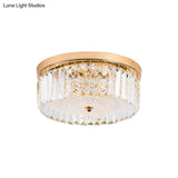 Modernist Metal Flush Mount Lamp With Led Drum Shade And Crystal Prism In Gold Finish - 14’/18’ Wide