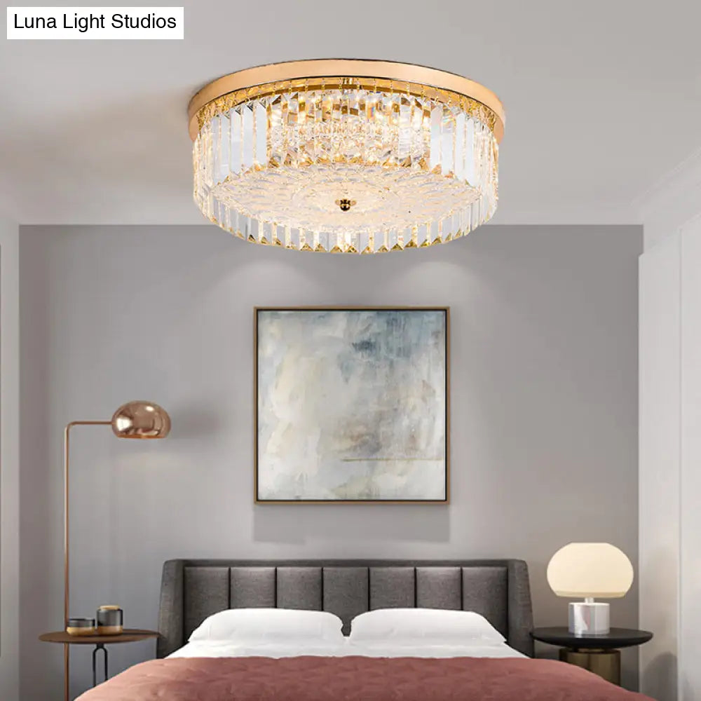 Modernist Metal Flush Mount Lamp With Led Drum Shade And Crystal Prism In Gold Finish - 14’/18’ Wide